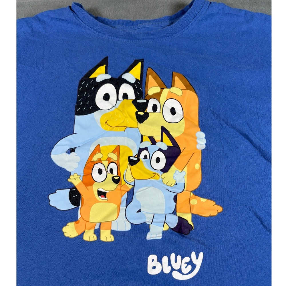 Bluey Heeler Family Graphic T-Shirt Blue Cotton Crewneck Size Large Mad Engine
